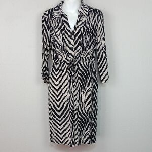 Womens Zebra Print Black / Cream Long Sleeve Button Down Midi Dress sz